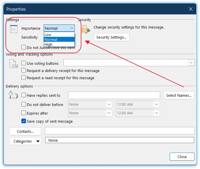 Setting of high importance email