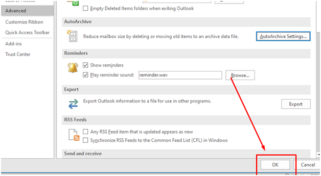 Outlook options window